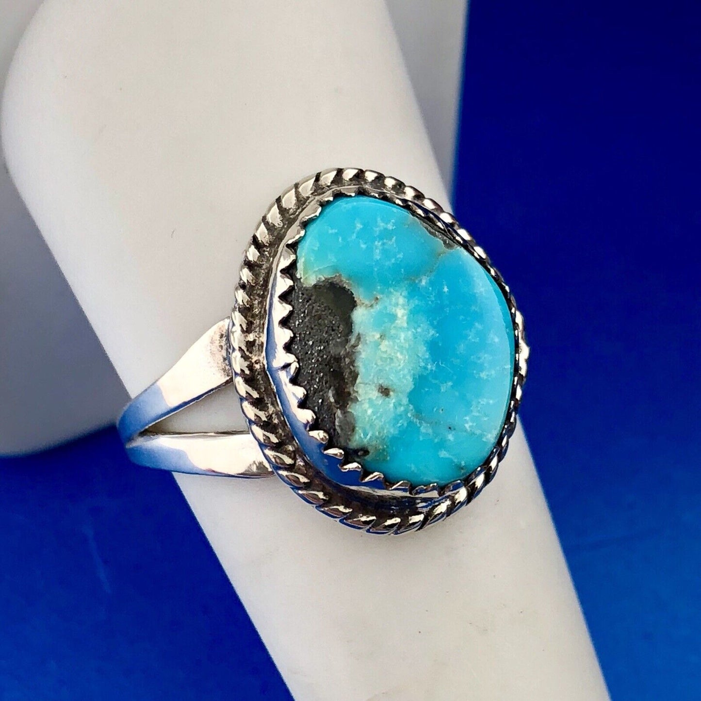Navajo Artisan Grace Smith 925 Sterling Silver Polished Turquoise Chunk Ring