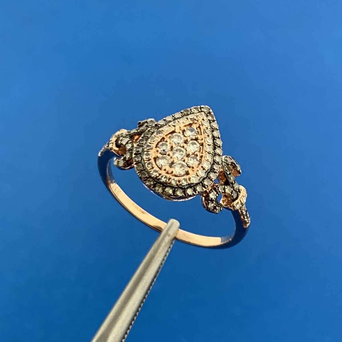 Designer 14K Rose Gold White Mocha Pave Diamond Fleur De Lis Pear Ring