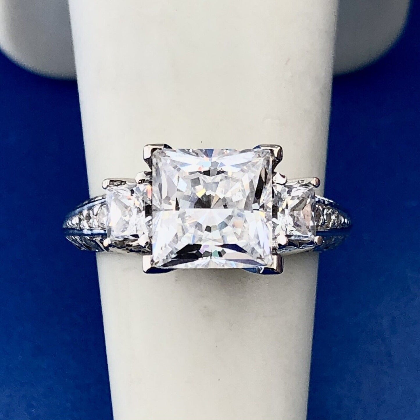 Sparkling 14K White Gold Princess Cut Cubic Zirconia Statement Engagement Ring