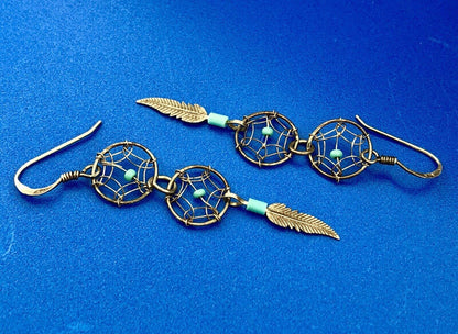Artisan Sterling Silver 925 Turquoise Intricate Dream Catcher Dangle Earrings