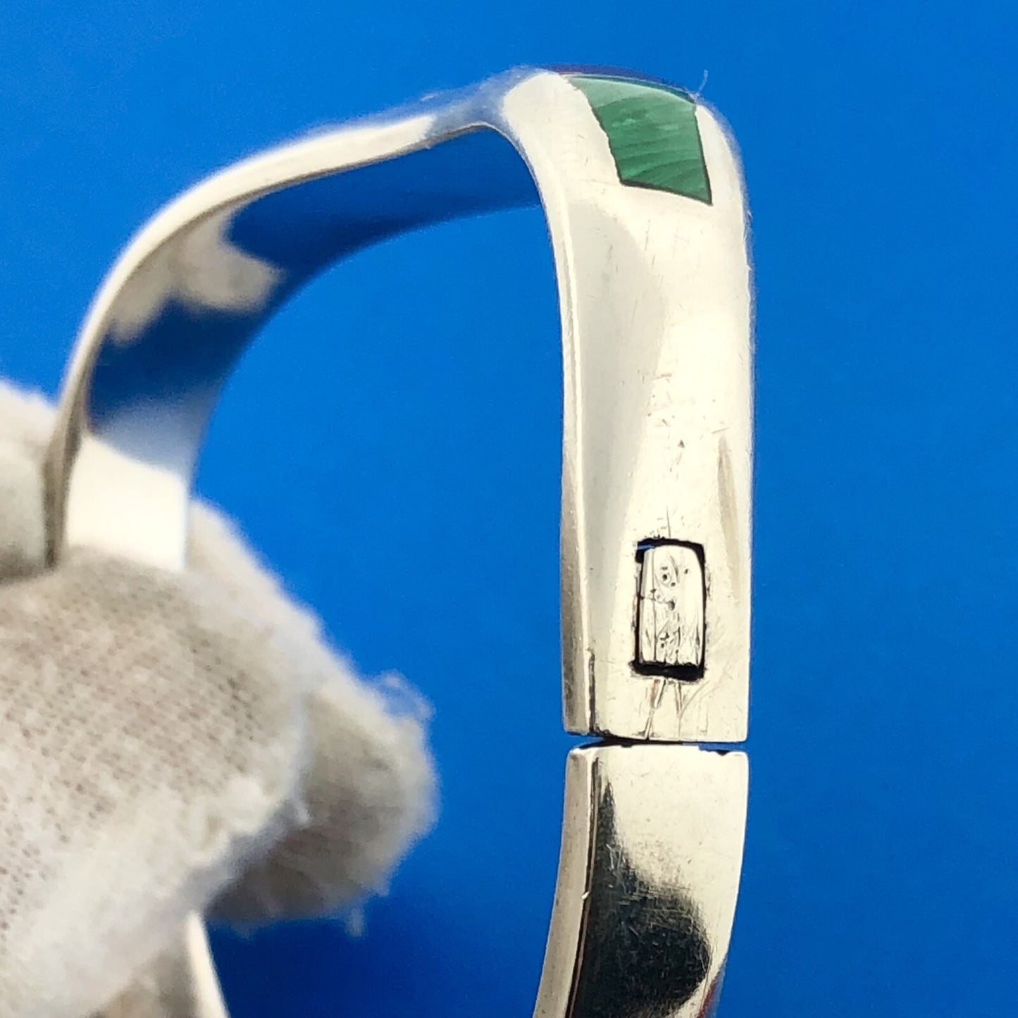 Vintage Taxco Signed 925 Sterling Silver Multi Gem Inlay Hinged Cuff Bracelet