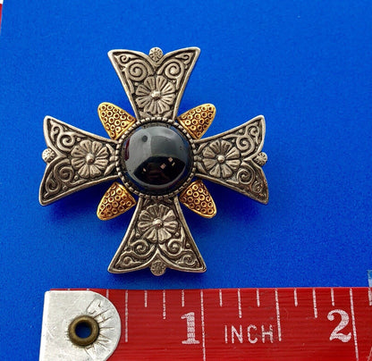 HMR CMA Gold Silver Tone Black Hematite Floral Scroll Maltese Cross Pin Pendant