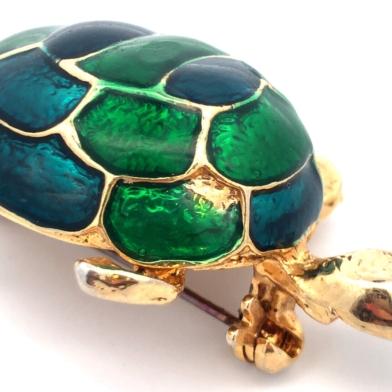 Vibrant Gold Tone Blue Green Enamel Red Rhinestone Turtle Scarf Lapel Pin Brooch