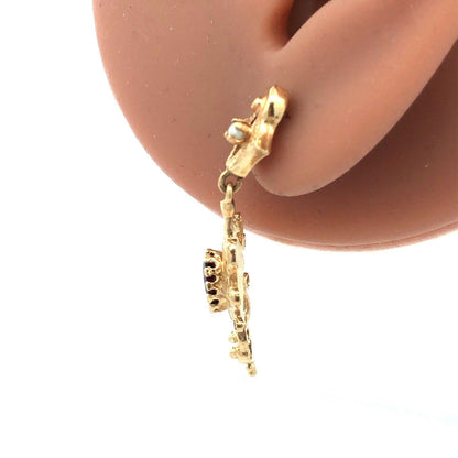 Vintage 14K Yellow Gold Oval Garnet Seed Pearl Dangle Drop Earrings