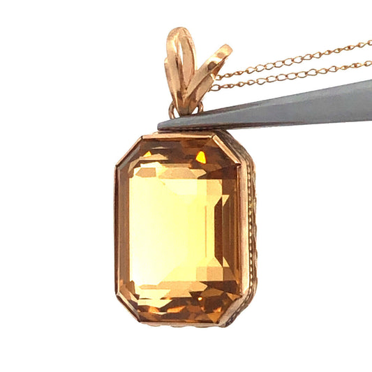 Designer 14K Yellow Gold Emerald Cut Citrine Statement Pendant Chain Necklace