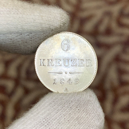 1849 A Austria Billon Silver .4375 Fine 6 Kreuzer Franz Joseph 1 Uncirculated