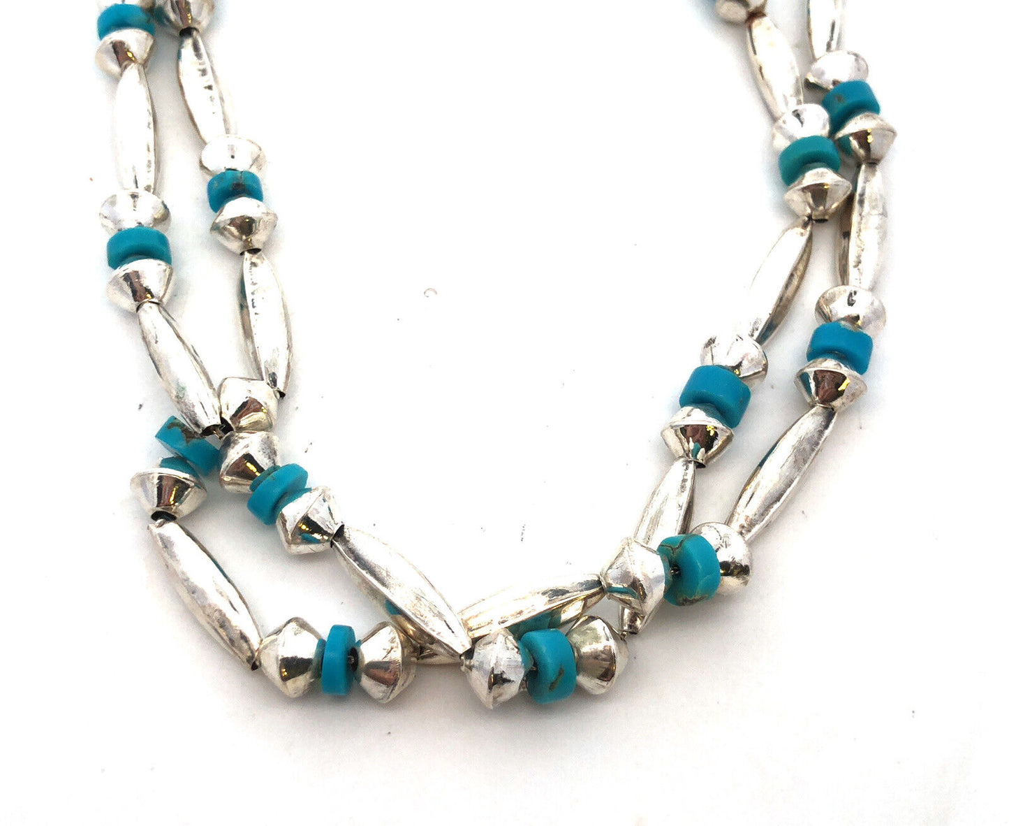 Vintage Native American Old Pawn 925 Sterling Silver Turquoise Beaded Necklace