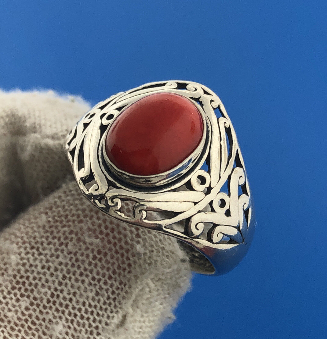 Designer MG Sterling Silver 925 Oval Coral Open Scroll Statement Cocktail Ring