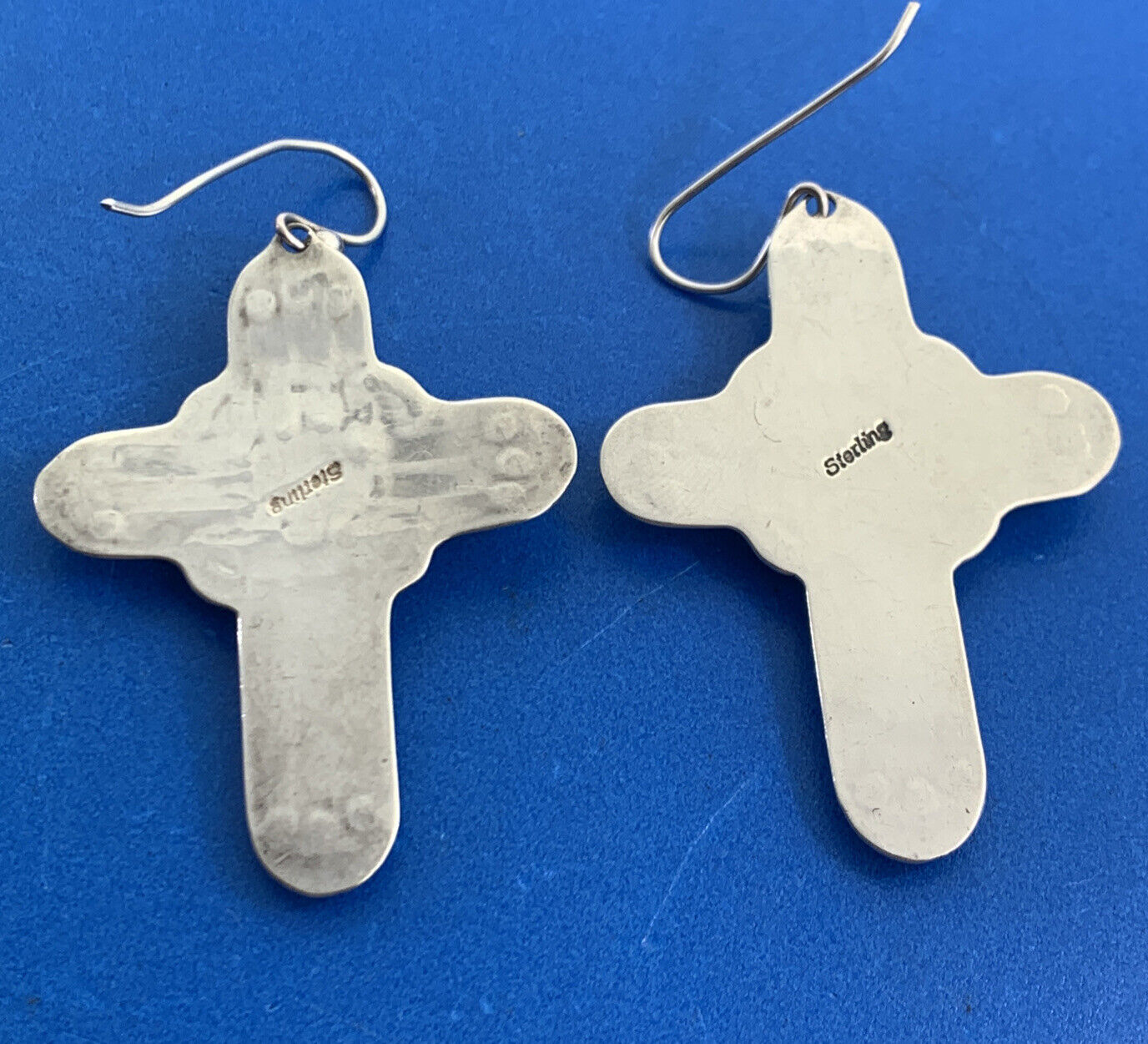 Native American 925 Sterling Silver Concho Green Turquoise Cross Hook Earrings