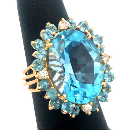 Designer 14k Yellow Gold Large Oval Blue Topaz Aquamarine Diamond Statement Ring