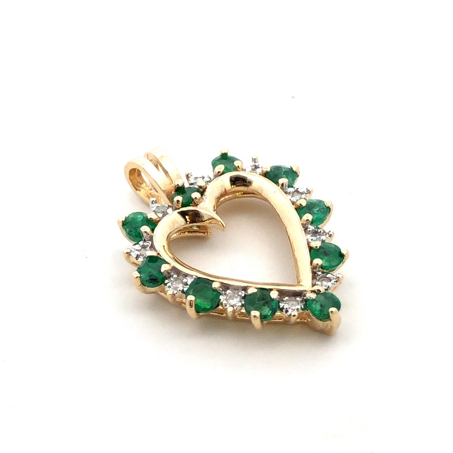 Vintage 10K Yellow Gold Round Emerald Diamond Accent Heart Anniversary Pendant