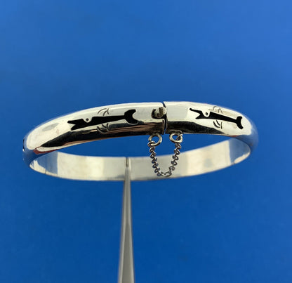 Estate Taxco Mexico Sterling Silver Modernist Etched Fish Hinged Cuff Bracelet