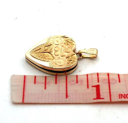 Designer HFB 14K Yellow Gold Floral Flower Engraved Heart Photo Locket Pendant