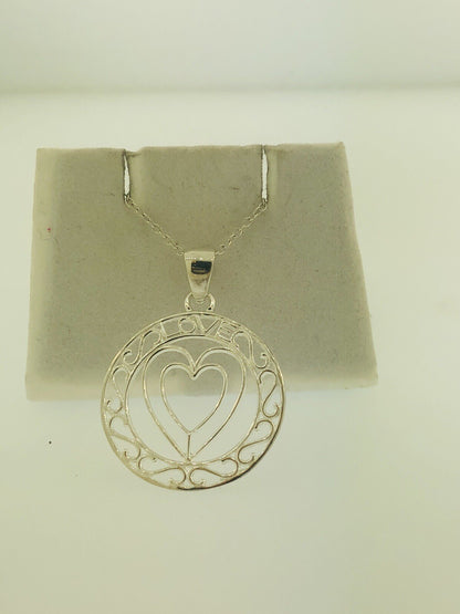 Sterling Silver 925 Heart Cutout Love Filigree Sweetheart Disc Pendant Necklace