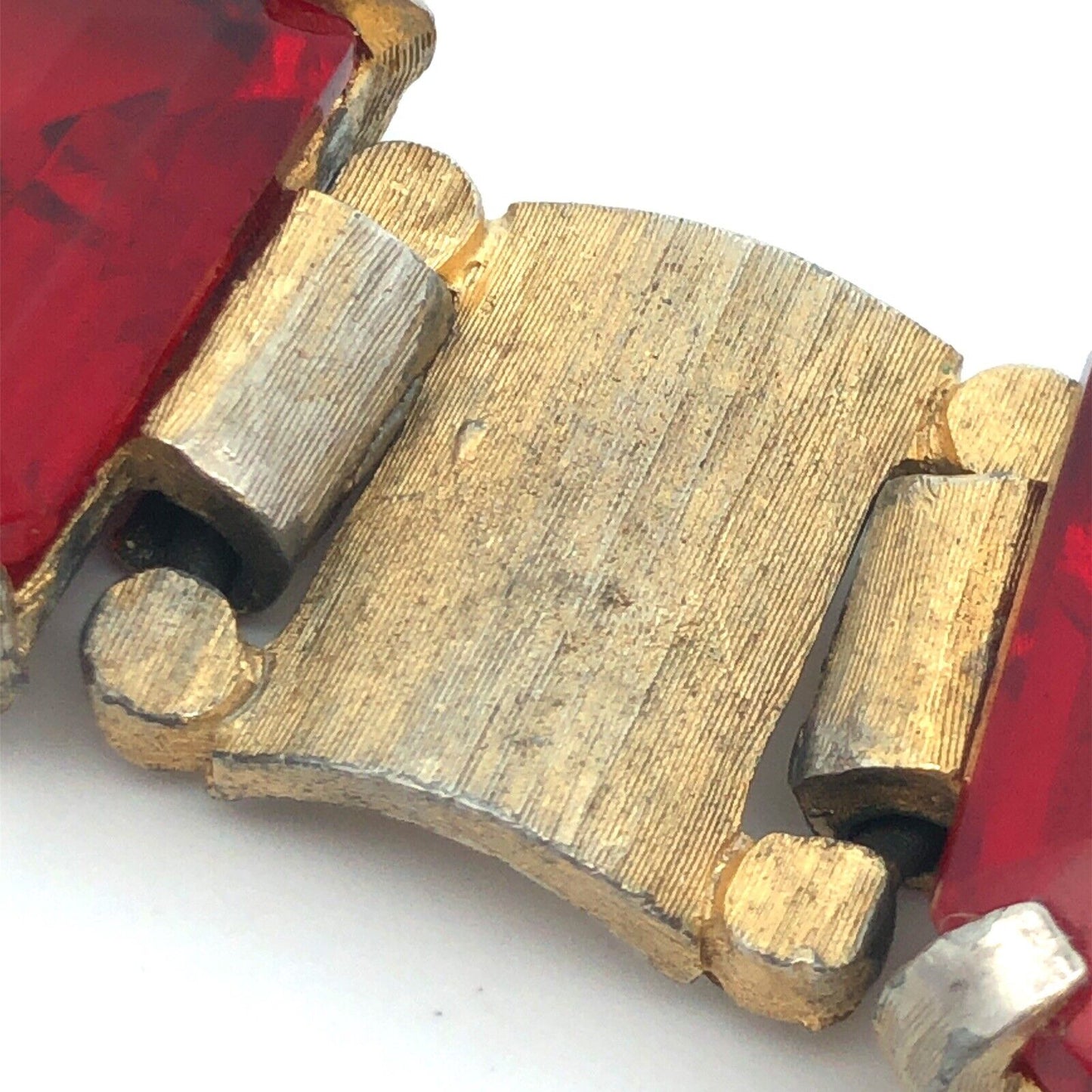 Chunky Funky 70's Runway Couture Gold Tone Square Red Glass Modernist Bracelet