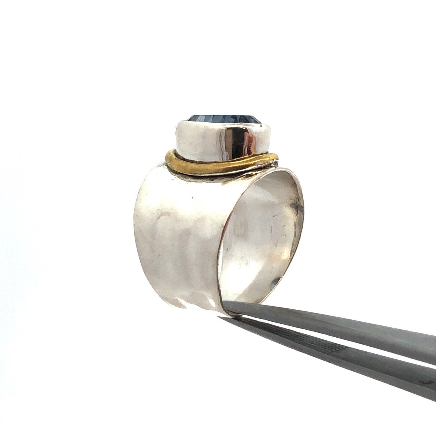 Designer YS 925 Sterling Silver Brass Oval Tanzanite Bezel Wide Hammered Ring