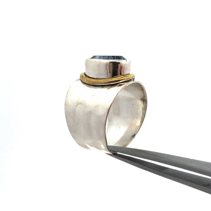 Designer YS 925 Sterling Silver Brass Oval Tanzanite Bezel Wide Hammered Ring