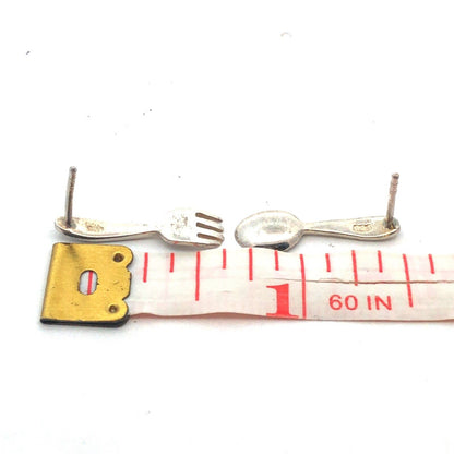 Vintage 925 Sterling Silver Fork Spoon Utensils Cookware Drop Stud Earrings