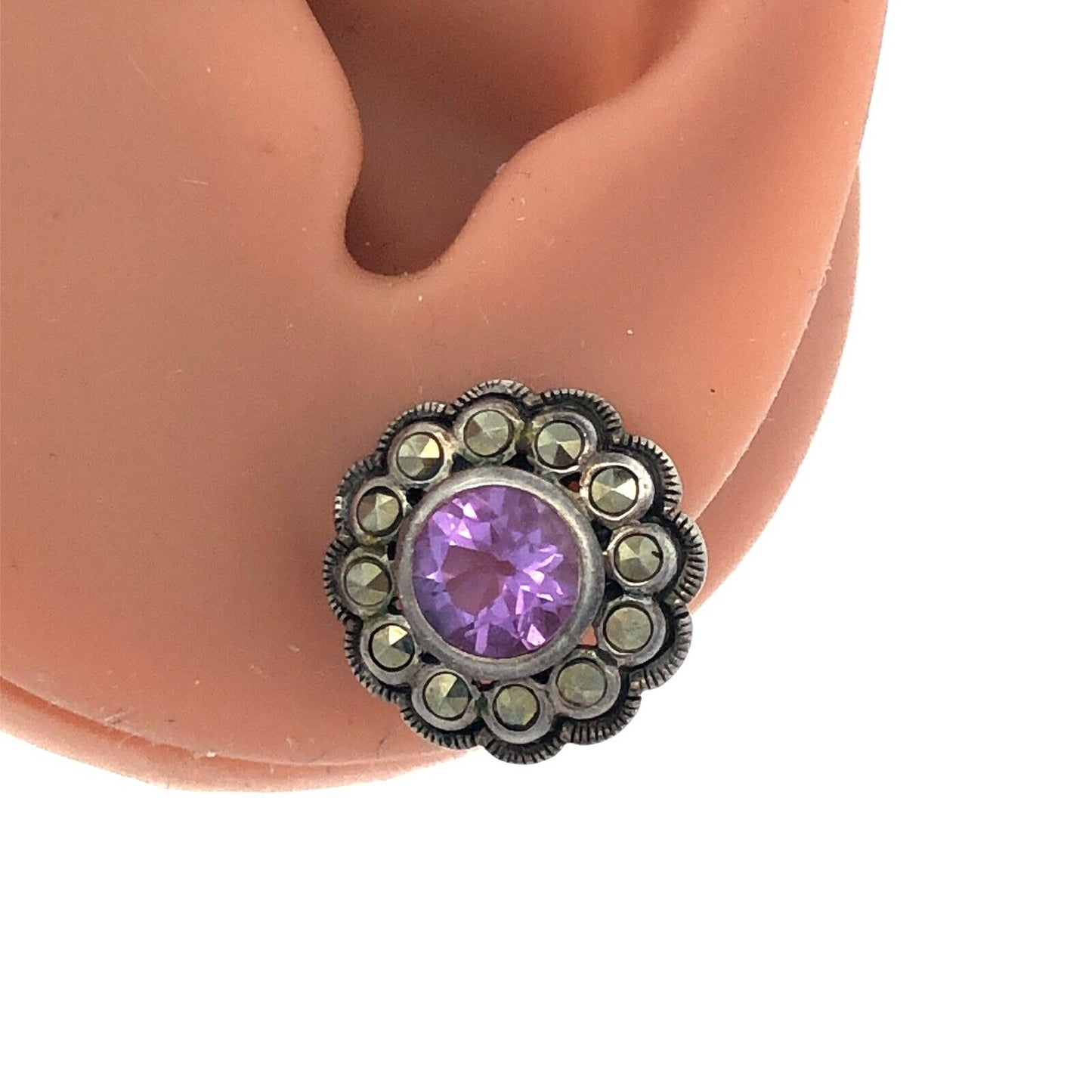 Vintage Designer A 925 Sterling Silver Amethyst Marcasite Flower Stud Earrings