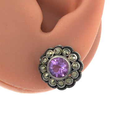 Vintage Designer A 925 Sterling Silver Amethyst Marcasite Flower Stud Earrings