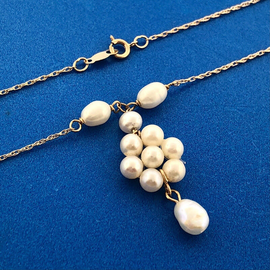 Dainty Designer PJS 14K Yellow Gold Pearl Station Pearl Drop Pendant Necklace