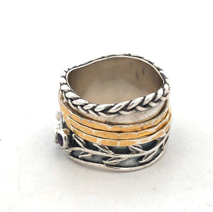 PAZ Creations 925 Sterling Silver Two Tone Amethyst Vine Wide Spinner Band Ring