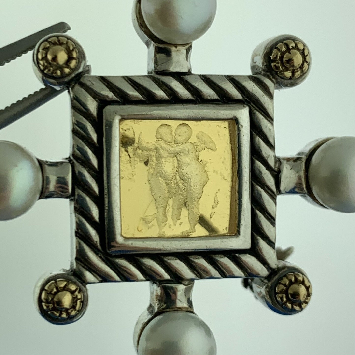 Designer Italy 18K Gold Sterling Silver Carved Cherub Pearl Brooch Pendant