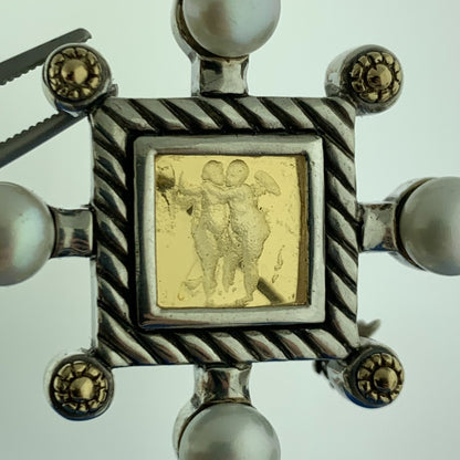 Designer Italy 18K Gold Sterling Silver Carved Cherub Pearl Brooch Pendant