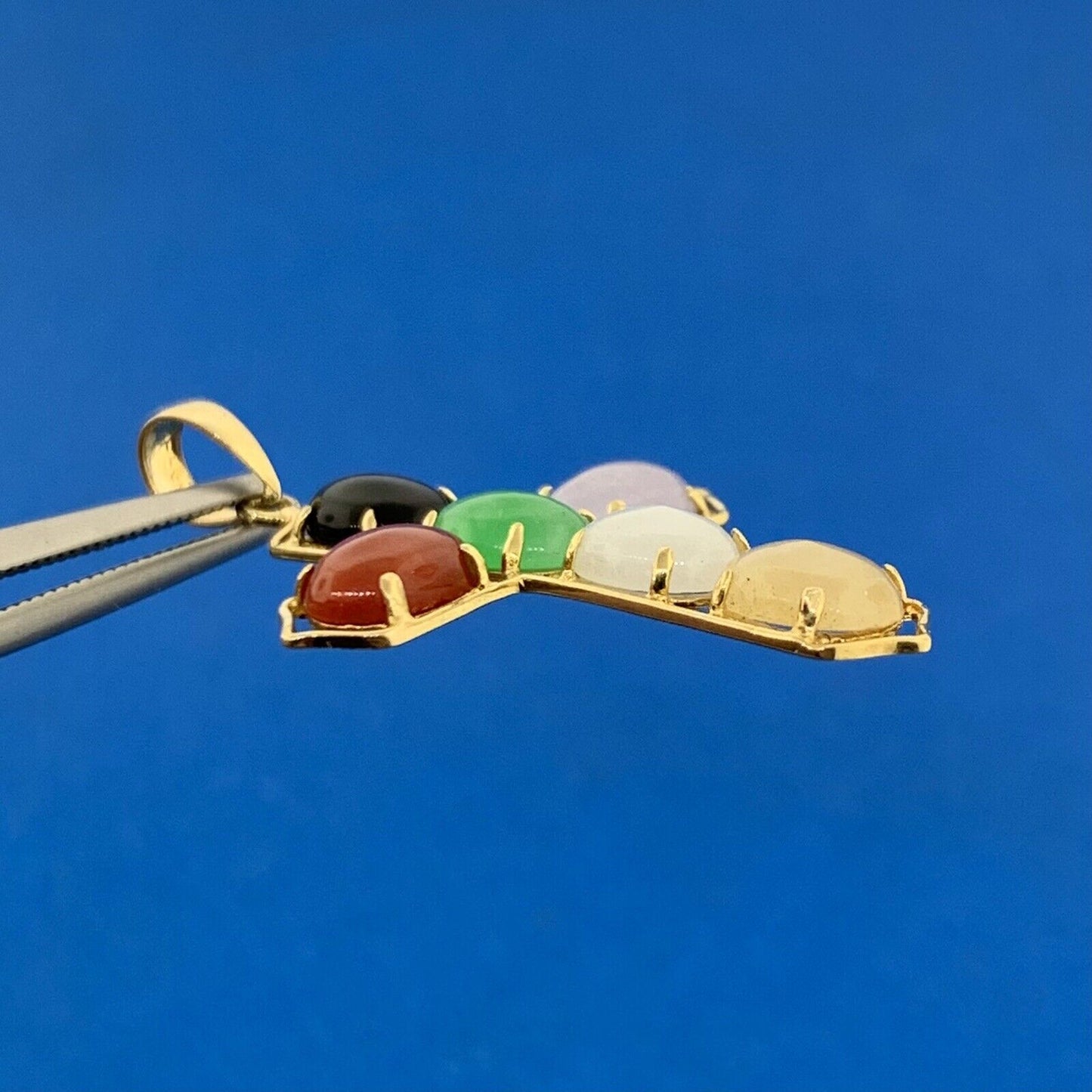 14K Yellow Gold Jade Onyx Coral Multi Gemstone Cabochon Cross Pendant