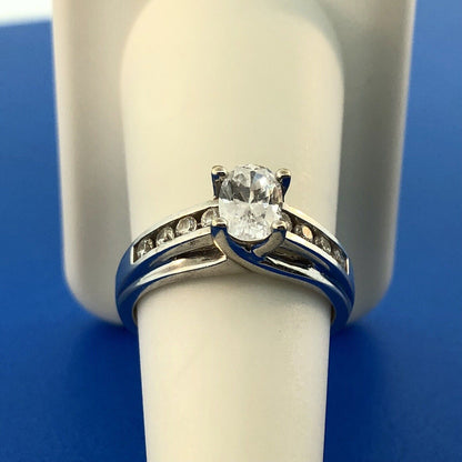 14K White Gold Diamonique Cubic Zirconia Oval Solitaire Accents Engagement Ring