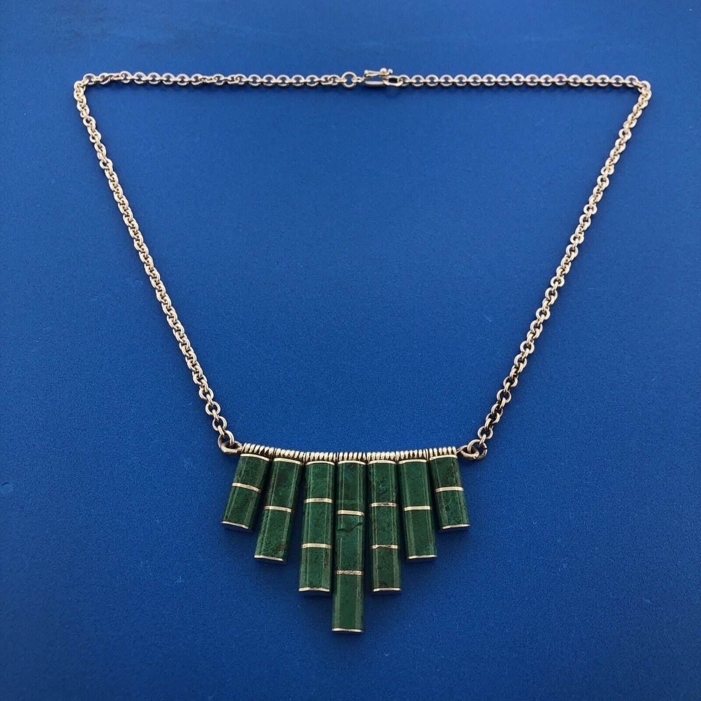 Estate Modernist 925 Sterling Silver 925 Malachite Abstract Statement Necklace