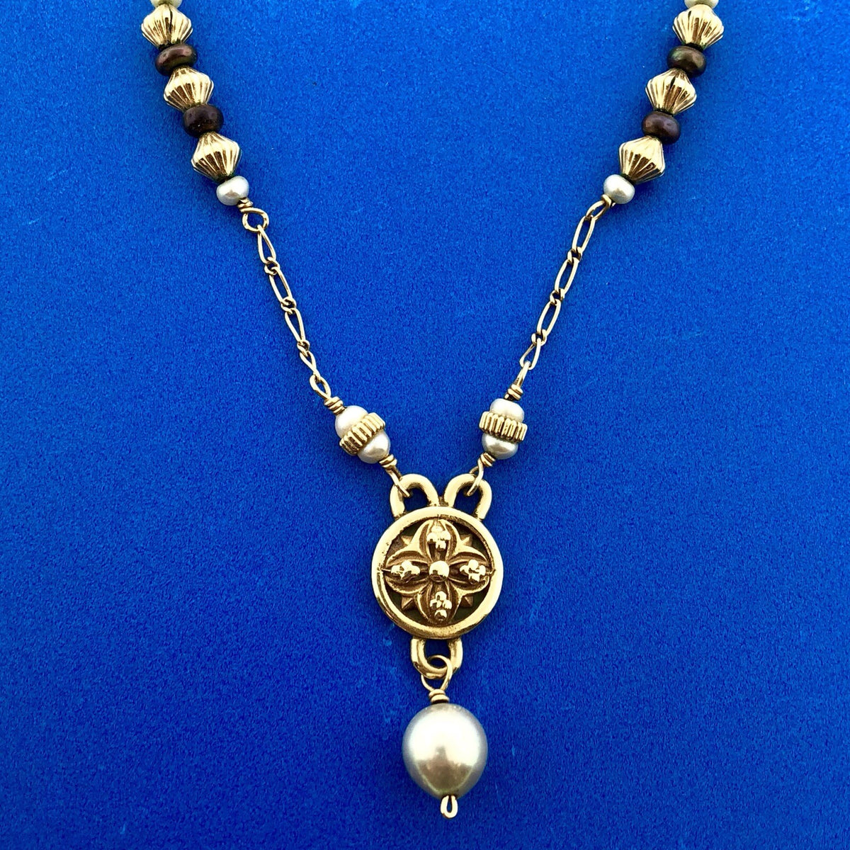 Mignon Faget 14K Yellow Gold Small Medallion Baroque Pearl Drop Toggle Necklace