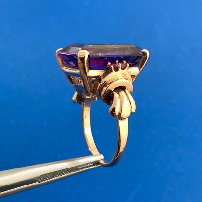 Estate Emerald Cut Amethyst Ruby Accents 14K Rose Gold Statement Cocktail Ring