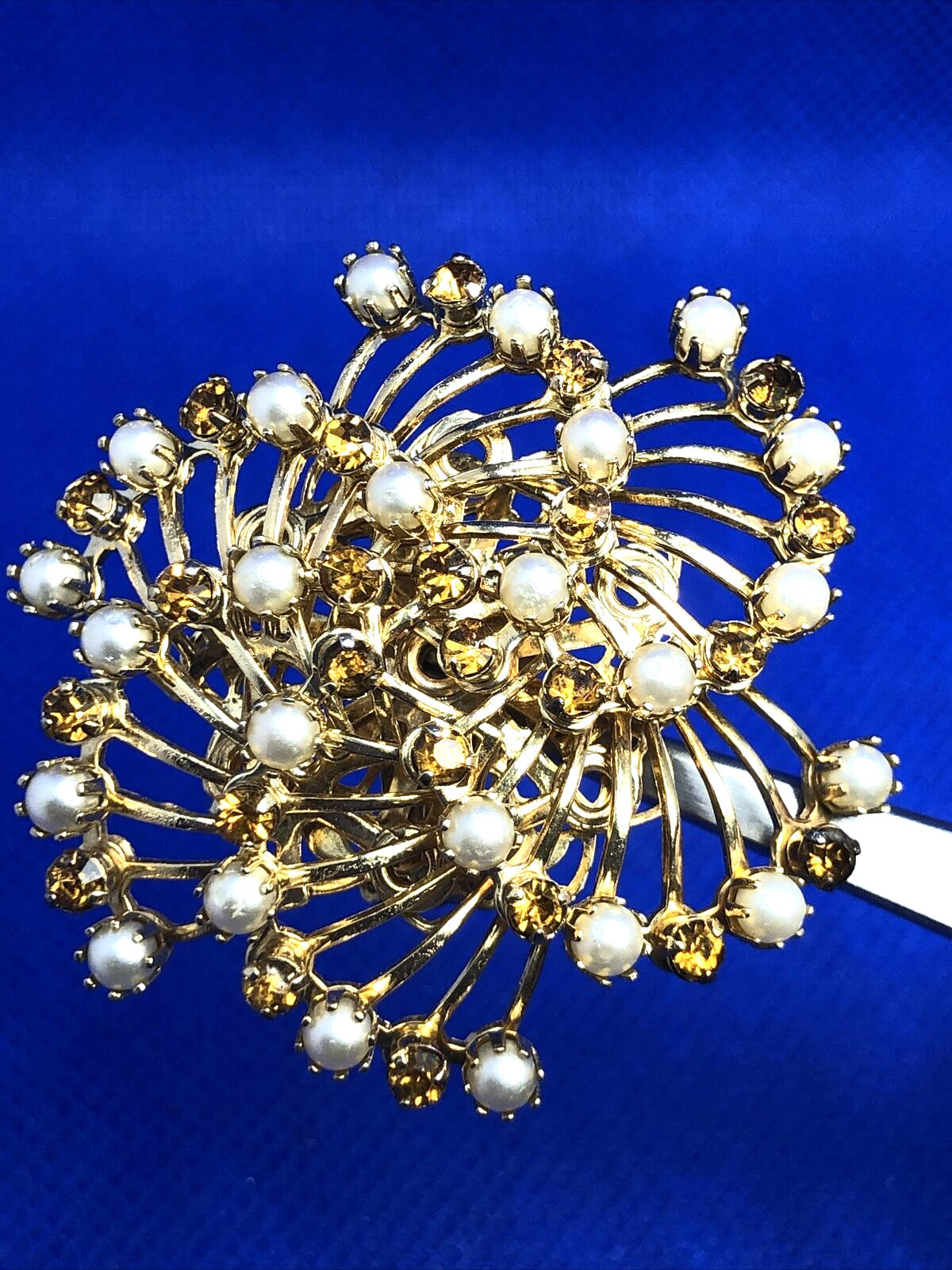 Vintage 1960's Runaway Couture Faux Pearl Rhinestone Pinwheel Statement Earrings