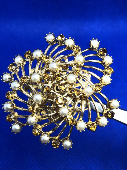 Vintage 1960's Runaway Couture Faux Pearl Rhinestone Pinwheel Statement Earrings