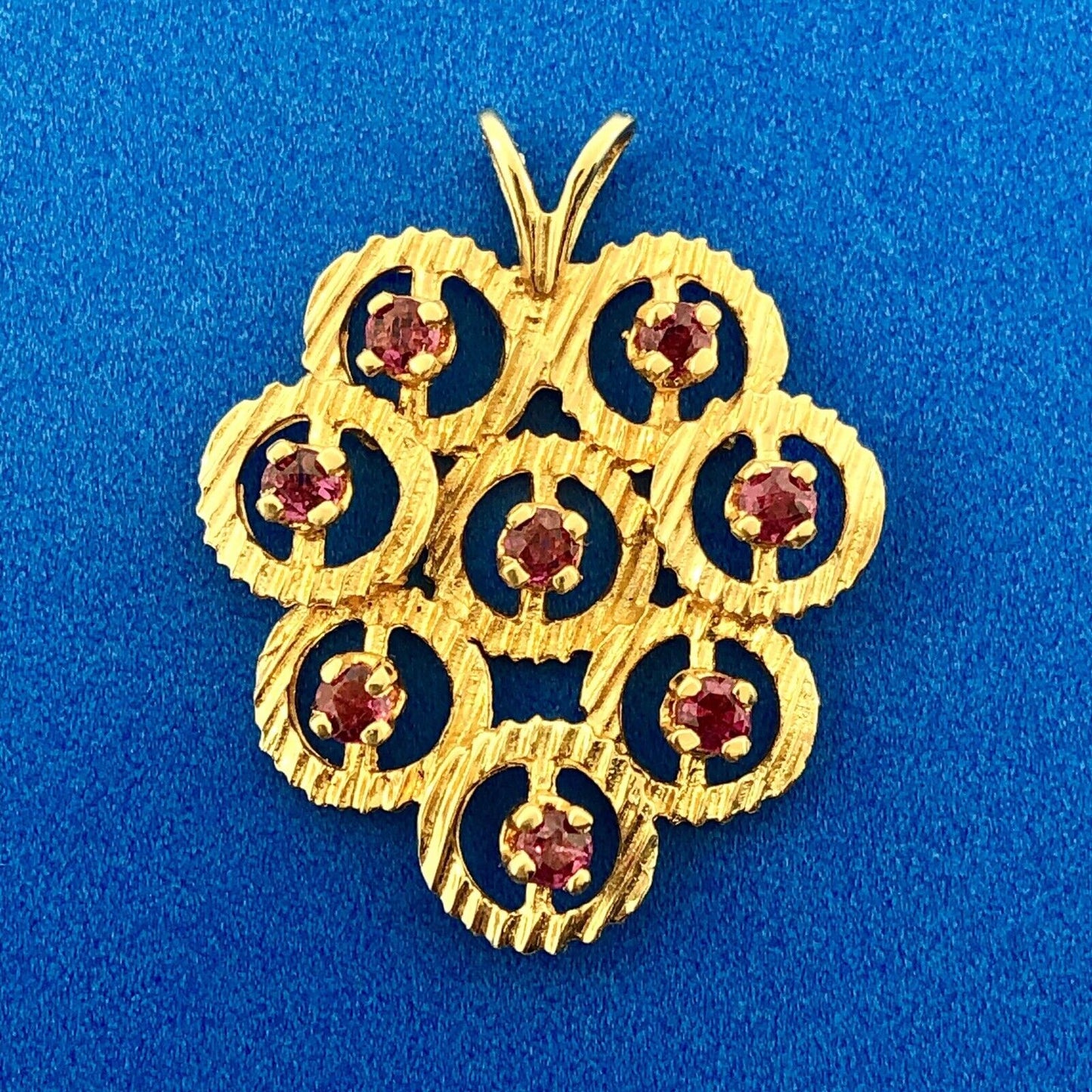 Vintage 14K Yellow Gold Ruby Free Form Circle Cluster Textured Drop Pendant