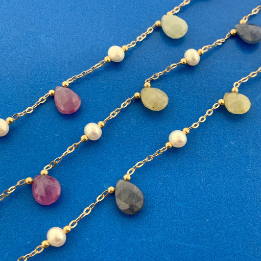 Designer 18K Yellow Gold Spinel Ruby Sapphire Pearl Station Long Chain Necklace