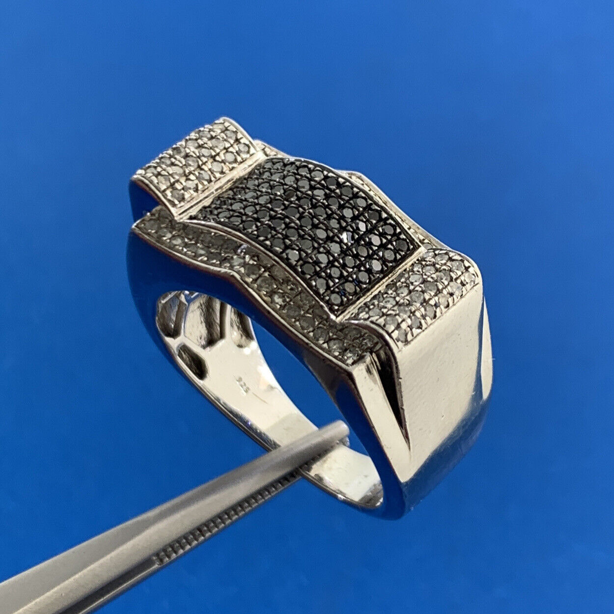 Designer 925 Sterling Silver Black White Pave Diamond Unisex Modernist Dome Ring