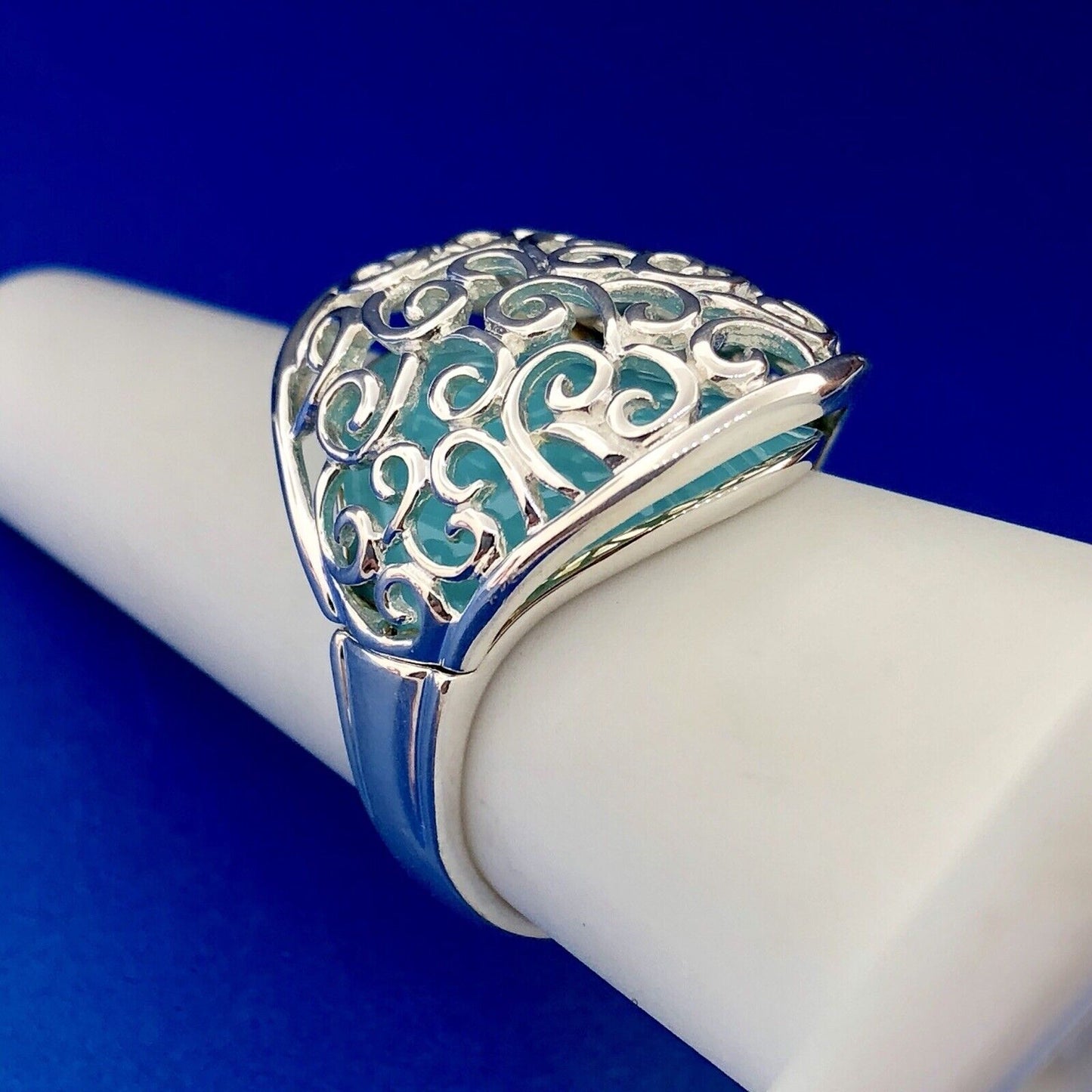 Designer 925 Sterling Silver Aqua Enamel Swirl Scroll Open Work Statement Ring