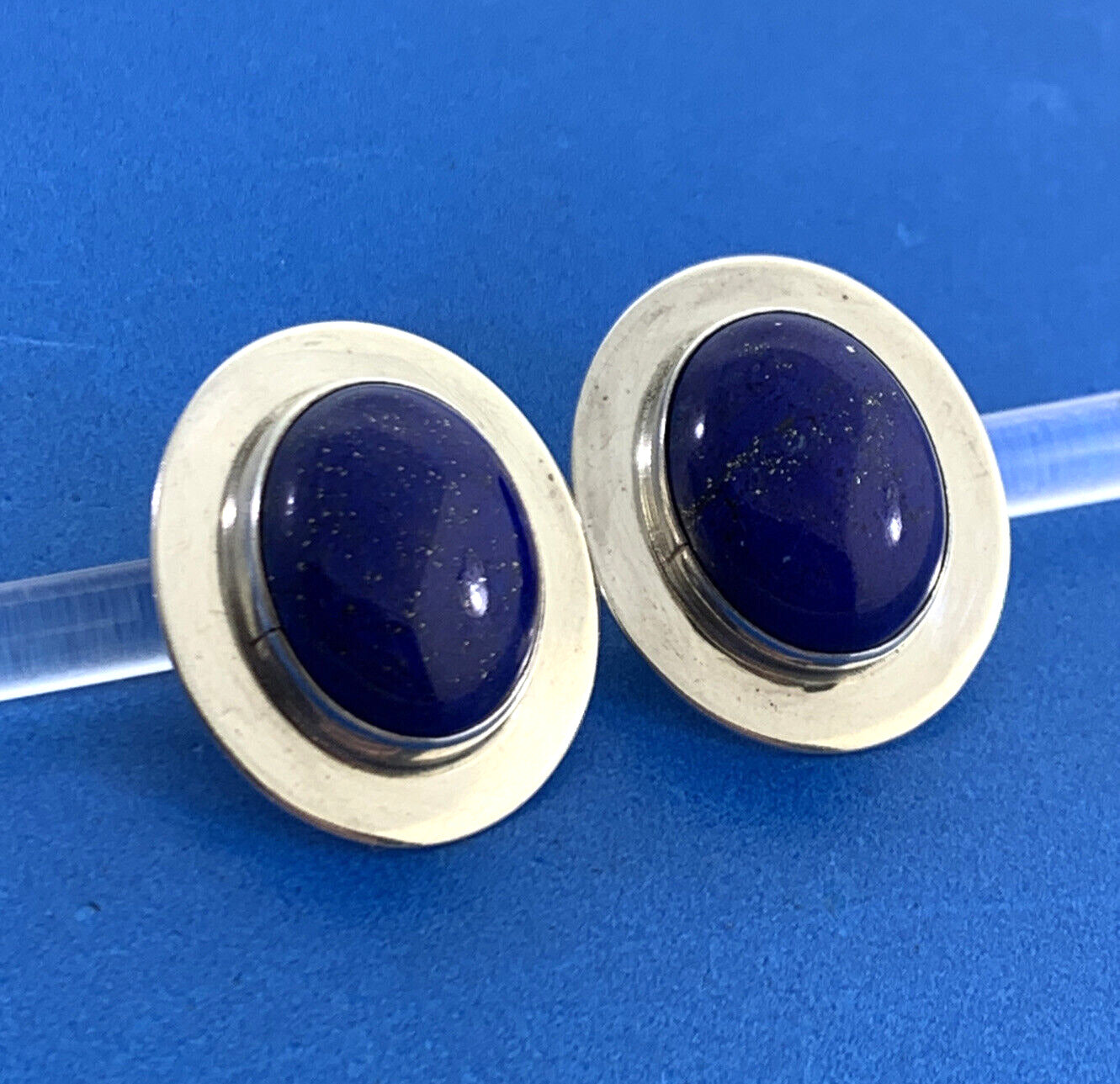 Native American 925 Sterling Silver Signed VO Oval Lapis Lazuli Stud Earrings