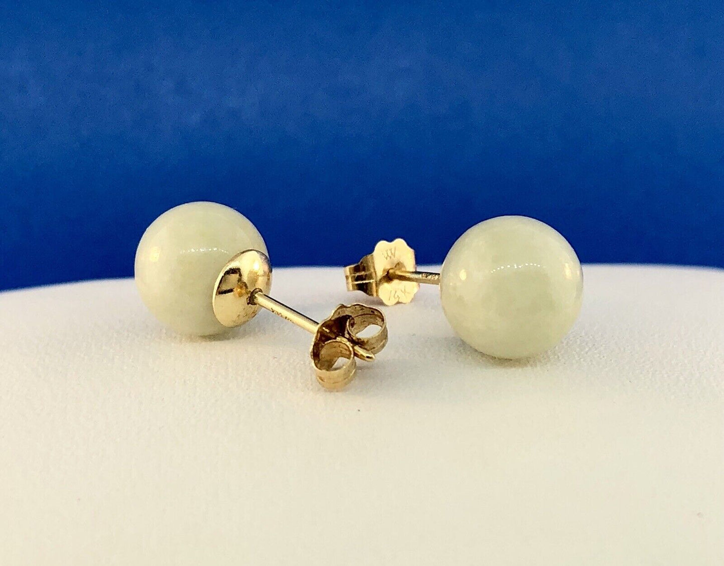 Designer 14K Yellow Gold Jade Jadeite Bead Ball Stud Earrings