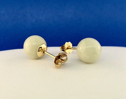 Designer 14K Yellow Gold Jade Jadeite Bead Ball Stud Earrings