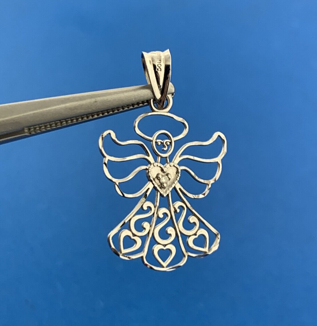 Michael Anthony MA 14K White Gold Diamond Heart Scroll Guardian Angel Pendant