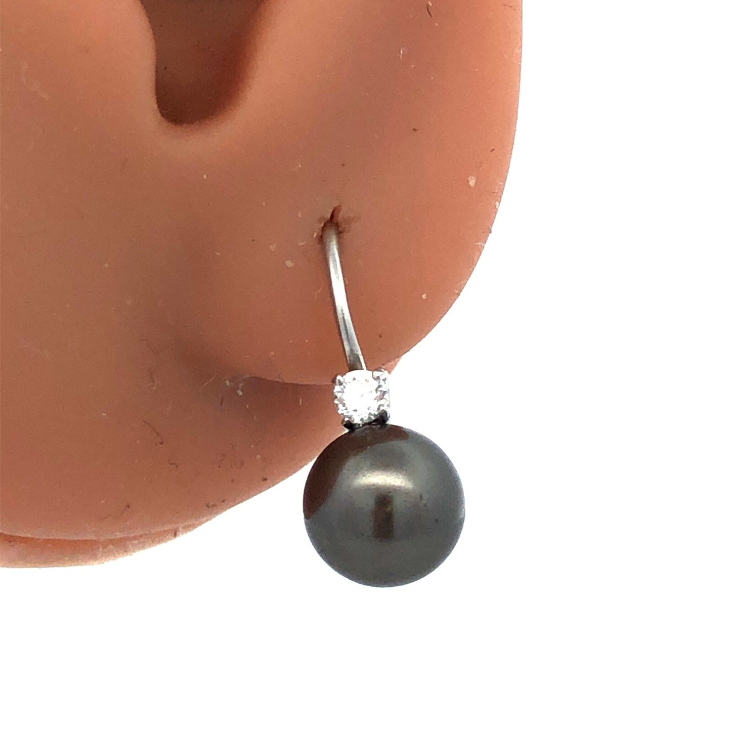 925 Sterling Silver Round Tahitian Pearl CZ Lever Back Dangle Earrings