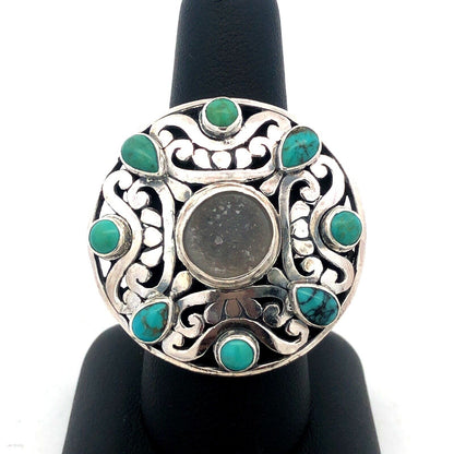 Native American 925 Sterling Silver Turquoise Druzy Quartz Round Statement Ring