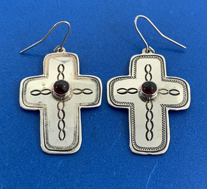 Don Lucas Native American 925 Sterling Silver Garnet Drop Dangle Concho Earrings