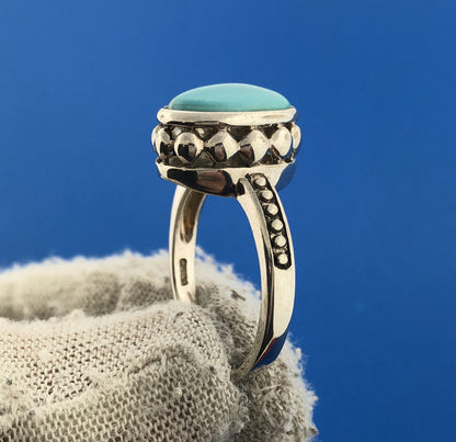 Designer China Sterling Silver Oval Sleeping Beauty Turquoise Cocktail Ring