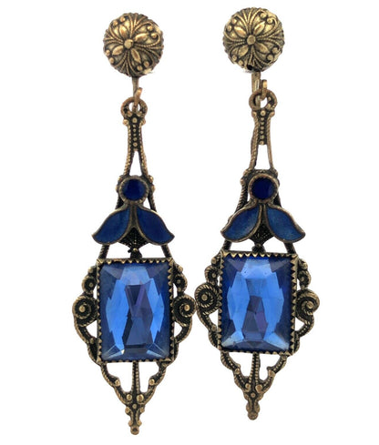 Antique Silver Tone Blue Glass Enamel Floral Scroll Dangle Screw Back Earrings