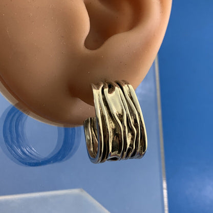 Sterling Silver 925 Wide Ribbon Textured Open Hoop Stud Earrings