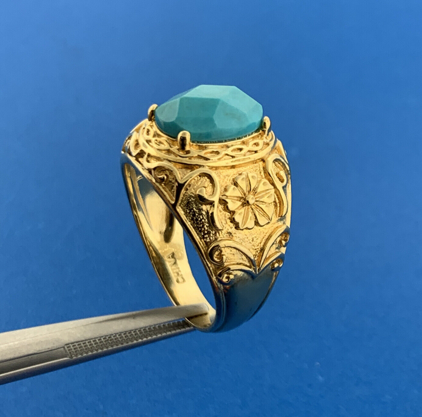 Designer RL Sterling Silver Vermeil Faceted Turquoise Floral Statement Dome Ring